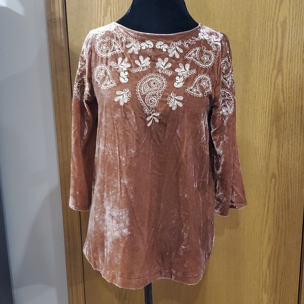 J Jill NWT velvet embroidered top tan champagne color